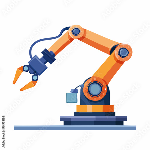 部品を組み立てる産業用ロボットアームのフラットイラスト