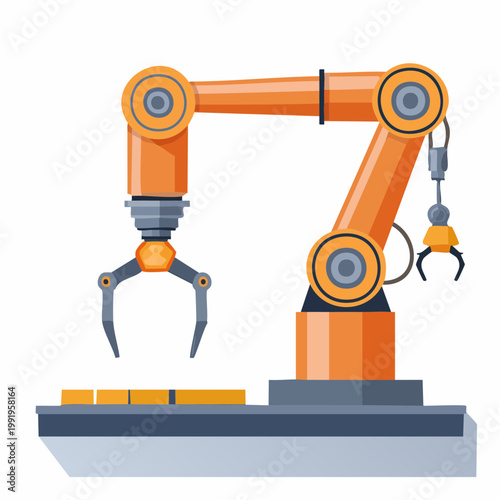 部品を組み立てる産業用ロボットアームのフラットイラスト
