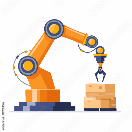 部品を組み立てる産業用ロボットアームのフラットイラスト