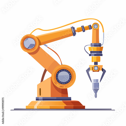 部品を組み立てる産業用ロボットアームのフラットイラスト