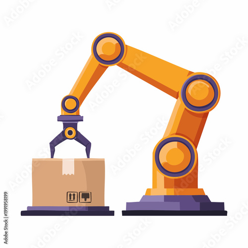段ボールを持ち上げる産業用ロボットアームのフラットイラスト