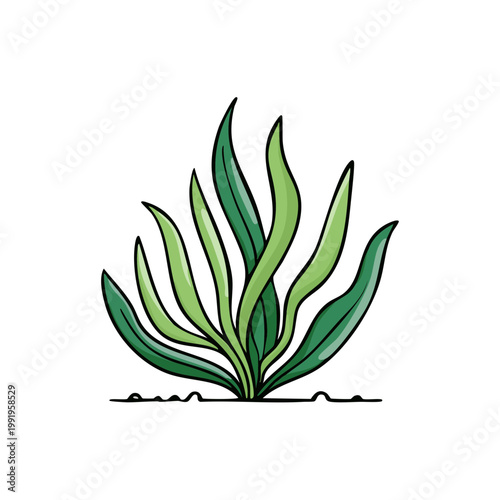 Stylized illustration of healthy green aquatic plant growing from seabed sediment
