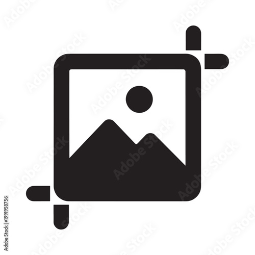 A simple black and white icon depicting a photograph with resize handles