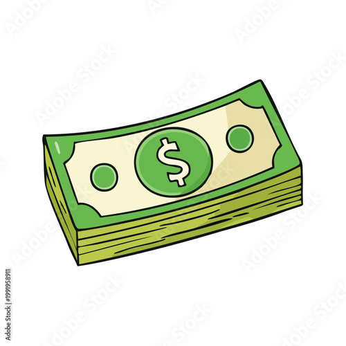 Stack of Cartoon US Dollar Bills with Dollar Sign Illustration