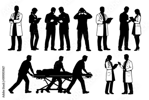 Silhouette medical team and emergency scenes with doctors and patients.