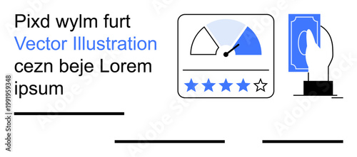 Customer feedback, online shopping, business evaluation, digital rating, user experience, payment process. A hand with cash, rating stars and a gauge. Customer feedback and online shopping theme