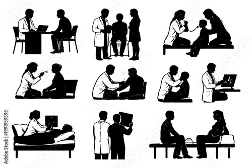 Medical consultations and examinations silhouettes of healthcare professionals with patients.