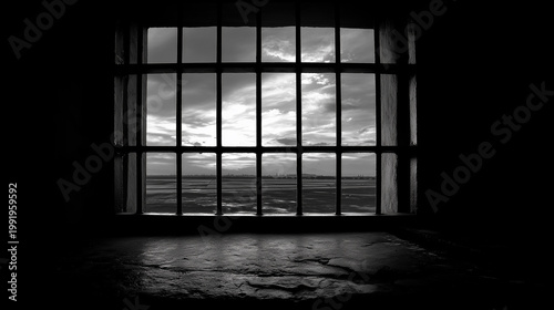 Behind iron bars, only fragments of sky and light remain, while freedom feels distant, unreachable, and painfully alive beyond the prison window.