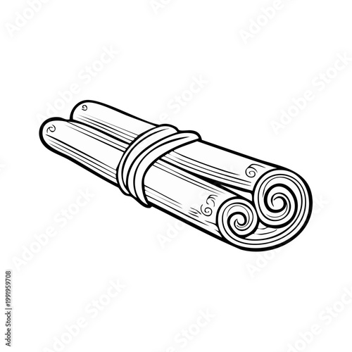 Hand drawn sketch of cinnamon sticks bundled together with twine isolated on white background
