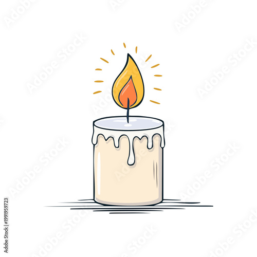Hand-drawn illustration of a lit candle with melting wax and glowing flame