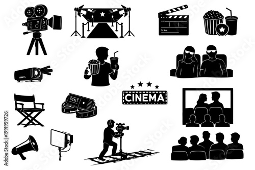 Cinema elements silhouettes: camera, popcorn, tickets, director chair, projector, audience, filmmaker.