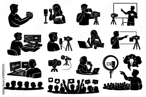 Silhouette icons of diverse media and technology activities.