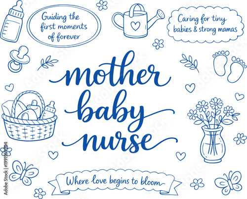 Mother Baby Nurse Quote Typography Design with Baby Care Illustrations