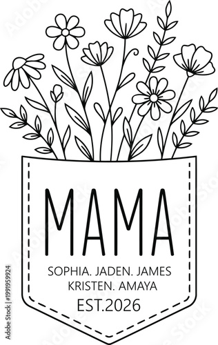 Mama Floral Pocket Design Custom Name Typography with Flowers
