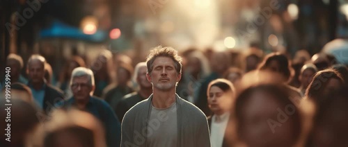 Calm mind in busy city. A young man stands still with eyes closed amid a bustling urban crowd