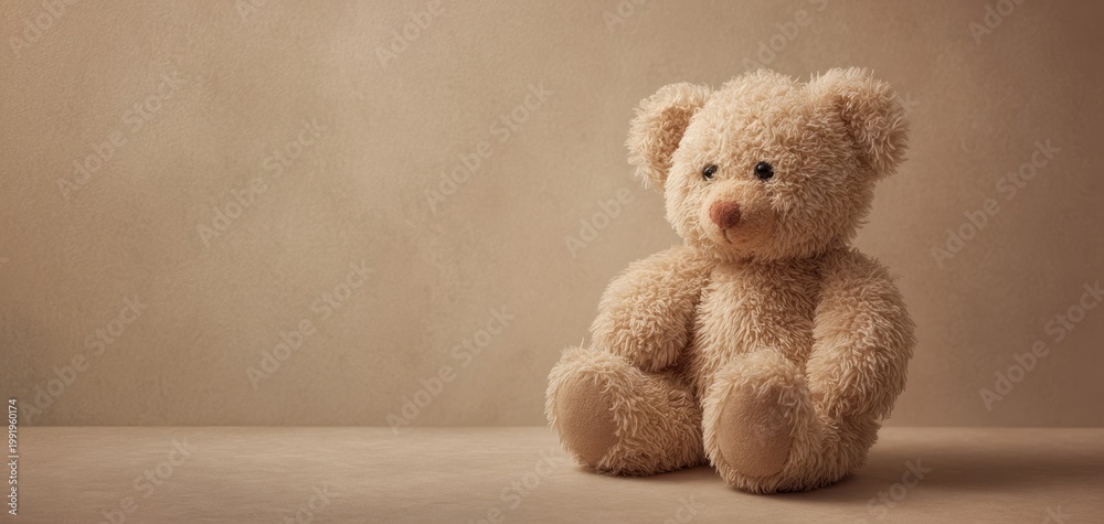 Fototapeta premium The Teddy Bear Sitting Alone on a Minimal Beige Background Evoking Childhood Comfort