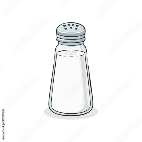Simple cartoon illustration of a glass salt shaker filled with white granules and a silver metal top