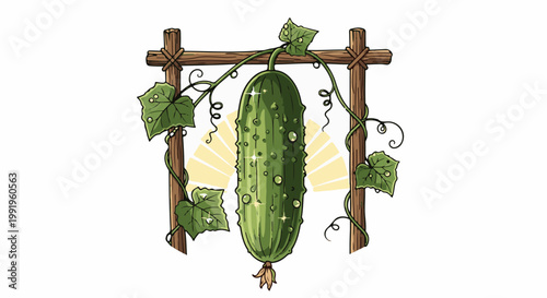 A cartoon-style illustration of a large, green cucumber hanging from a wooden frame