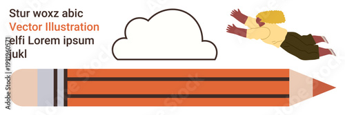 Education, creativity, imagination, design inspiration, artistic thinking, writing. A large pencil, cloud and a person floating. Creativity and imagination in education and design concepts