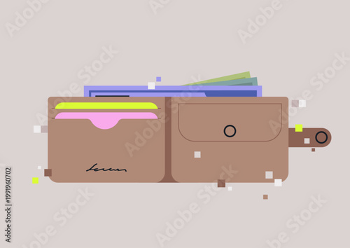 A digital artwork showcases a glitchy crypto wallet, filled with colorful cards and papers, symbolizing the unpredictable nature of cryptocurrencies in today's fast-paced financial world.