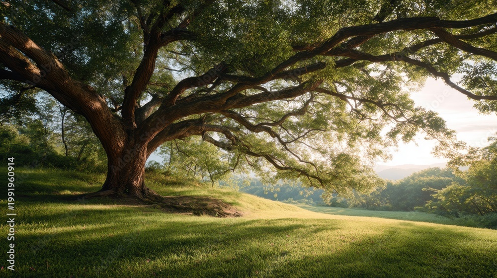Obraz premium Large old deciduous tree in a green grassy meadow at sunrise. Landscape scenic view of nature park with sunlight through branches. Peaceful environment for eco and outdoor concept.