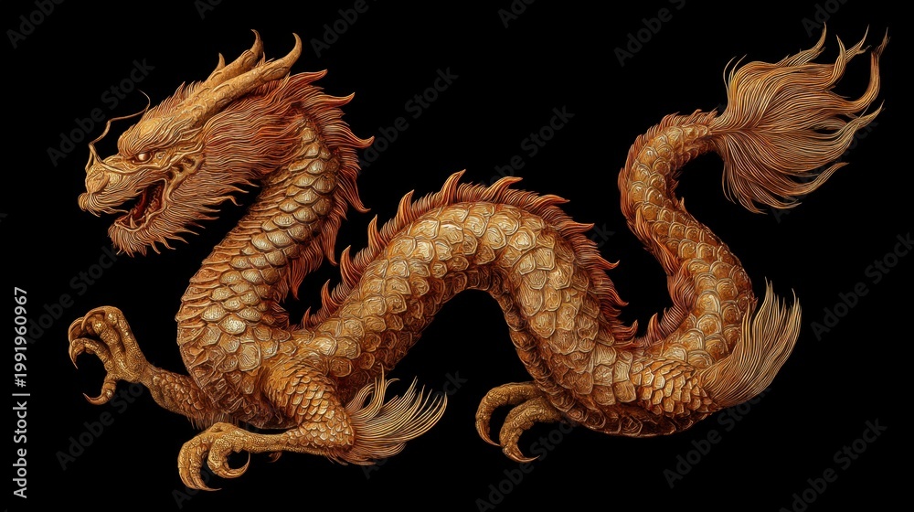 Fototapeta premium Golden dragon isolated on black background. Traditional Chinese mythical creature symbol. Artistic illustration of celestial beast for lunar New Year celebration and Asian culture design.