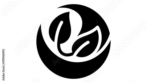 Minimalist logo design featuring two stylized leaves enclosed within a circular crescent shape, symbolising nature and g