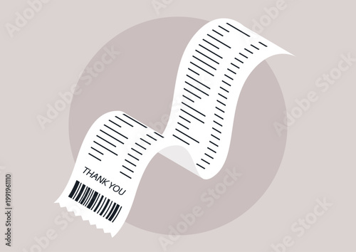 A long white receipt unfolds with neat printed lines and a cheerful 'Thank You' at the end, representing a daily shopping outing filled with multiple transactions.