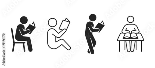 Set of Four Minimalist Stick Figure Icons Showing People Reading Books in Different Positions Including Sitting Standing and Studying at a Desk in Bold Black Line