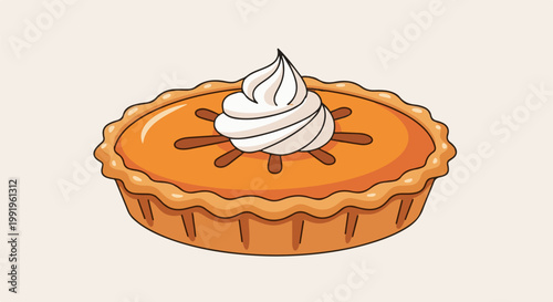 A cartoon illustration of a pumpkin pie topped with whipped cream and a golden crust