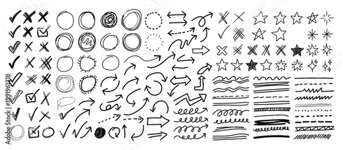 Comprehensive Set of Hand Drawn Doodle Elements Featuring Checkmarks Circles Arrows Stars Lines and Scribbles for Creative Annotation Design and Visual Planning Projects