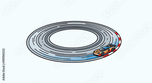 A cartoon illustration of a race car speeding around a circular track with striped borders
