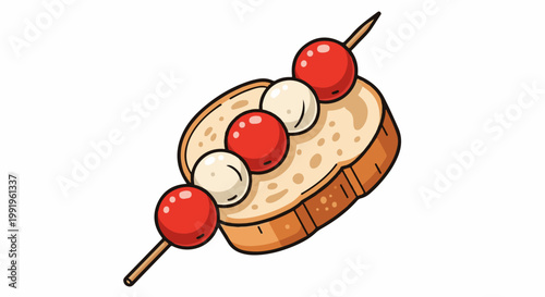 A cartoon illustration of a toast with cherry tomatoes and mozzarella balls on a skewer