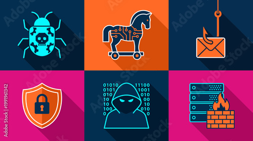 Flat vector icons of cybersecurity threats and protection including malware bug trojan phishing and it security specialist, concept for data protection, network security and digital defense
