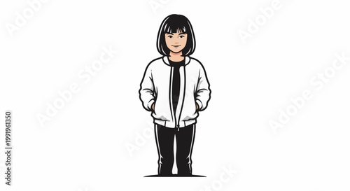 A cartoon illustration of a young person wearing a white jacket and black pants