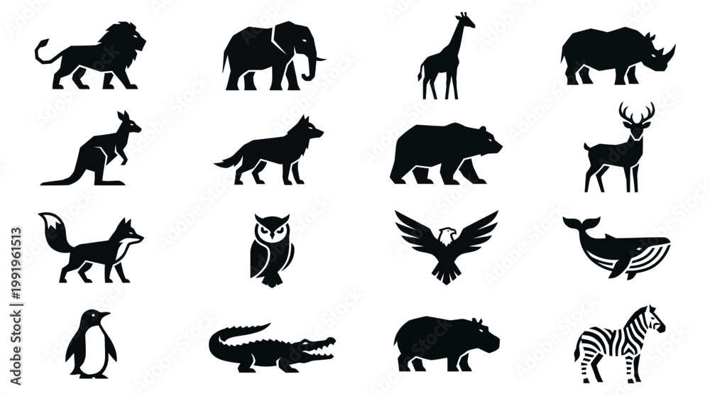 Fototapeta premium Collection of sixteen black minimalist animal silhouette icons including lion elephant giraffe and whale isolated on white, concept for logo design, branding identity and wildlife education
