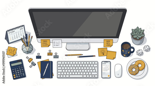 Top view illustration of a modern creative workspace with monitor, keyboard, sticky notes and donuts on white background, concept for freelance designer, remote work and office productivity