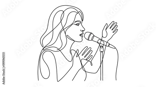 continuous line drawing of professional female public relations executive speaking into microphone, concept for corporate leadership, public speaking and motivational event presentation
