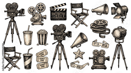 Vintage hand drawn sketches of cinema and filmmaking equipment icons on white background, concept for movie production design, cinematic history education and annual film festival promotion