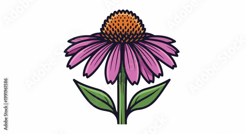 A cartoon-style pink coneflower with a spiky orange center and green leaves