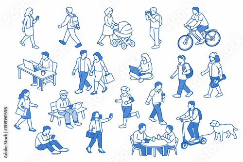 Isometric Line Art People Illustrations Featuring Diverse Characters in Daily Activities like Walking, Working, Cycling, and Jogging. Minimalist Blue Vector Icons on White Background.