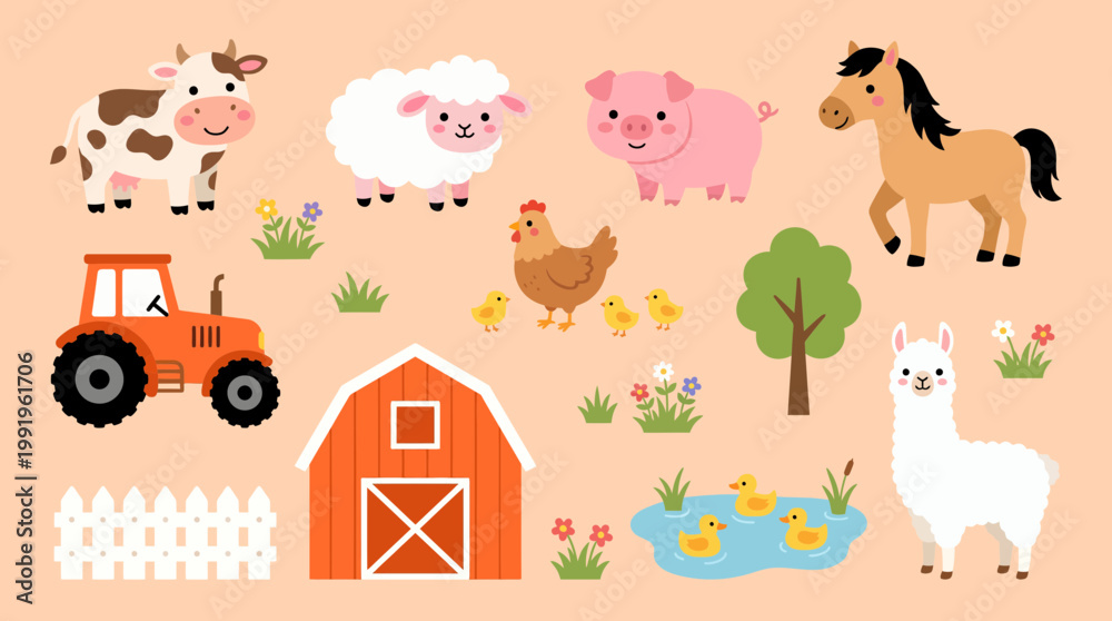 Fototapeta premium Adorable farm animal set featuring cow, sheep, pig, horse, llama, chicken and tractor with red barn in cartoon style, concept for educational posters, nursery decor and children book art