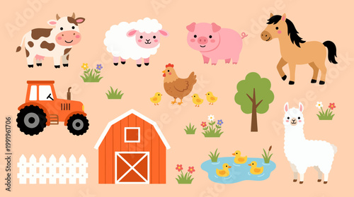 Adorable farm animal set featuring cow, sheep, pig, horse, llama, chicken and tractor with red barn in cartoon style, concept for educational posters, nursery decor and children book art