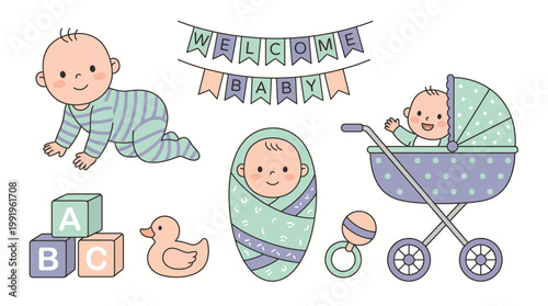 Cute hand drawn illustration of crawling baby, swaddled infant, stroller, toys and welcome bunting banner, concept for baby shower invite, nursery wall decoration and newborn greeting card