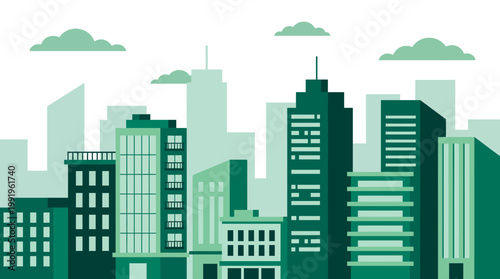 Flat illustration of green city skyline with tall skyscrapers and urban buildings on white background, concept for real estate development, urban planning and corporate presentation