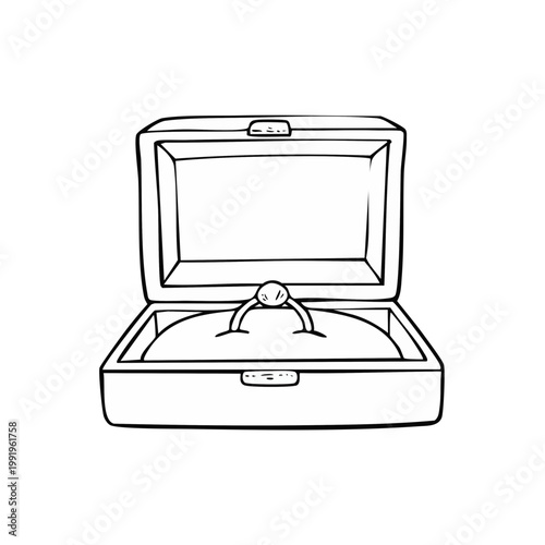Open jewelry box with a single ring on velvet cushion, line art illustration, simple design
