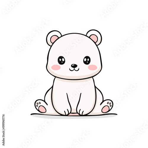 Cute cartoon polar bear cub sitting adorably with rosy cheeks and big eyes