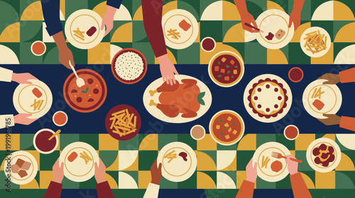 Top view illustration of diverse executives and managers sharing a banquet meal together on a patterned table, concept for business lunch, corporate team building and employee networking