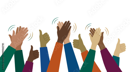 Diverse multiracial business professionals hands clapping and giving thumbs up on white background, concept for team achievement, employee recognition and success celebration