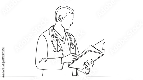 Professional male physician wearing a stethoscope and lab coat while reading medical folder in continuous line art style, concept for healthcare management, clinical research and medical consultation